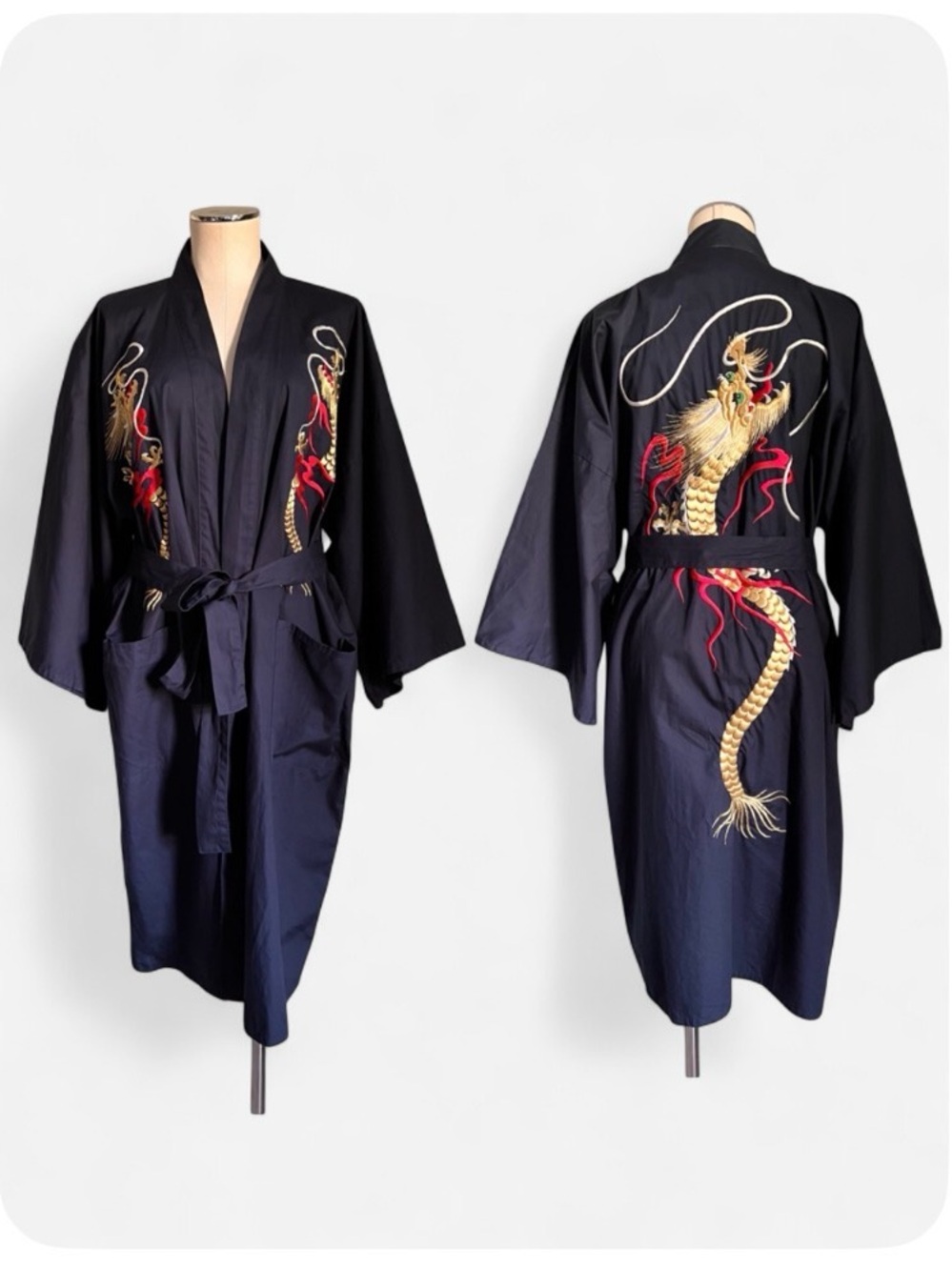 Vintage Japanese Cotton Kimono Robe XL Gold Embroidered Dragon Yukata Happi